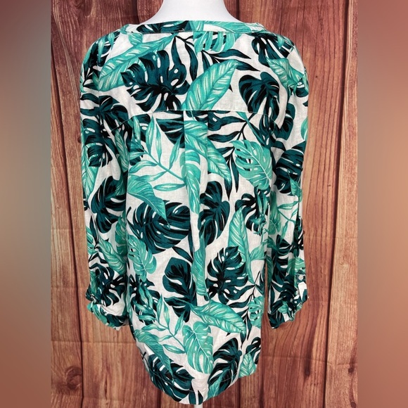 Coral Bay green teal white Monstera leaf print linen blend 3/4 sleeve blouse L - Picture 8 of 17